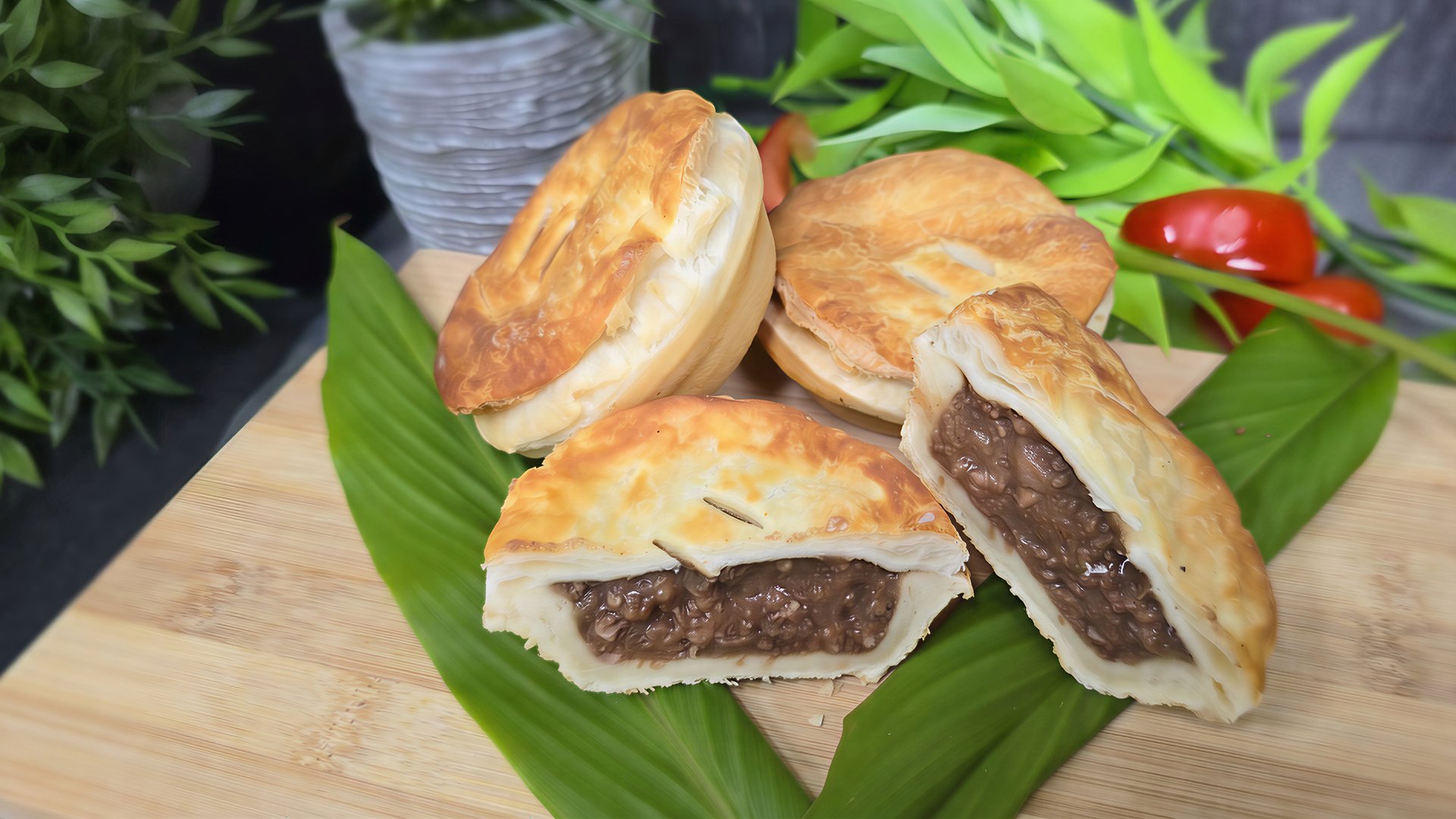 Simply Pies — hand-made Aussie meat pies on a wooden board with tropical leaves and chilis